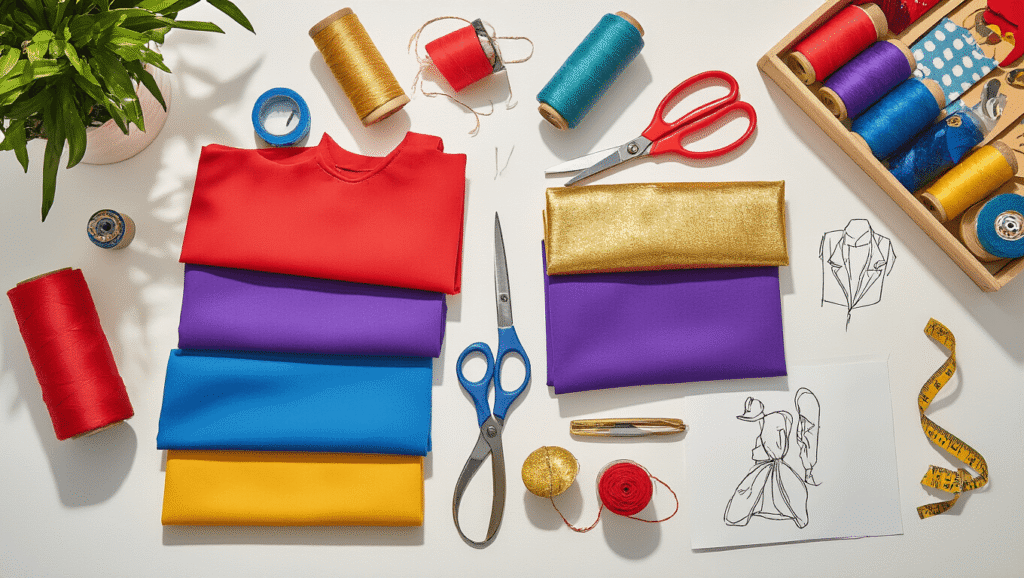 A flat lay of a vibrant craft room workspace featuring pairs of colorful costume fabrics, scissors, thread spools, and sketch designs, illuminated by natural sunlight with soft shadows on a clean white background.