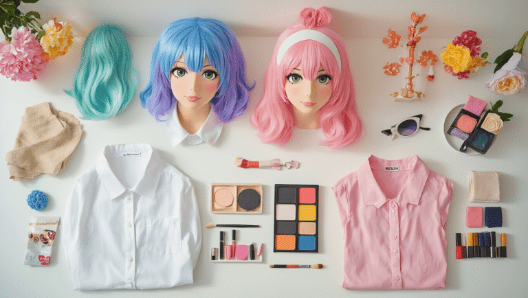 A bright and organized vanity setup displaying easy cosplay transformation tools, including white cotton shirts, colorful wigs, basic makeup products, anime accessories, and craft supplies on a clean white surface with warm natural lighting.
