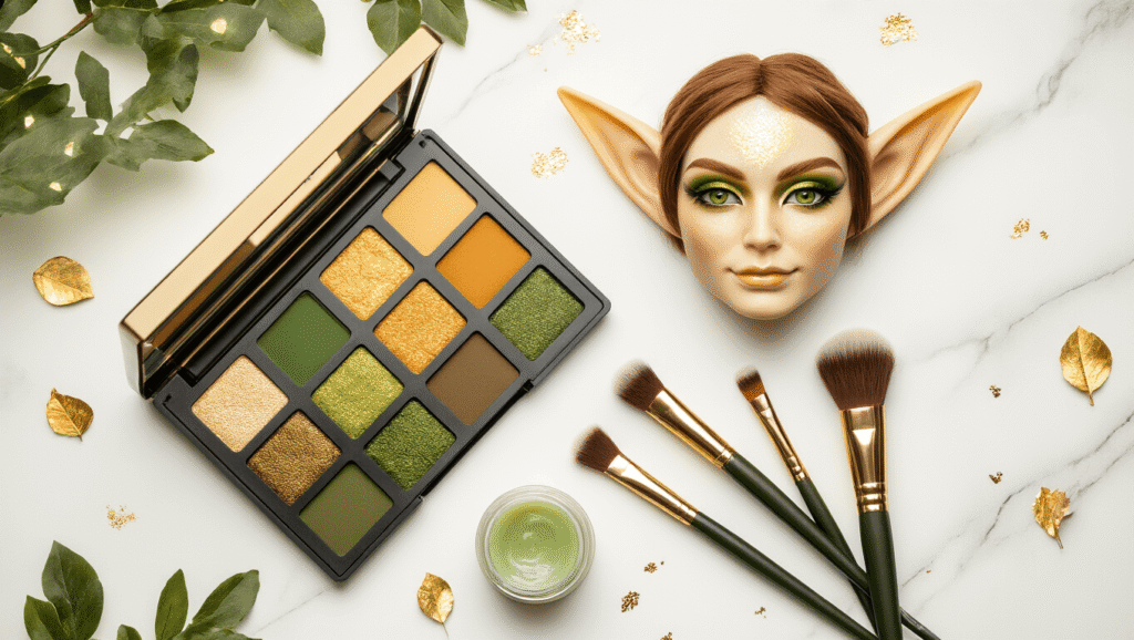A warm flat lay of elf cosplay makeup essentials featuring an earth-toned eyeshadow palette, shimmery highlighter, aloe vera gel, detailed makeup brushes, and prosthetic elf ears, arranged on a clean white marble surface with soft golden lighting and delicate forest elements.