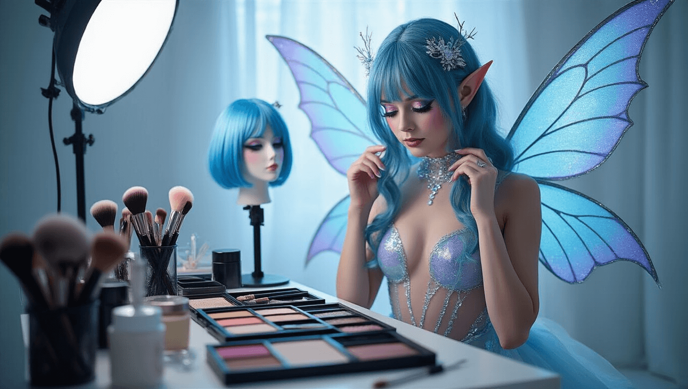A young cosplayer in a dreamy studio adjusting iridescent periwinkle fairy wings, surrounded by a makeup station with organized brushes and a premium blue wig, featuring dramatic sparkly makeup and soft, diffused lighting.