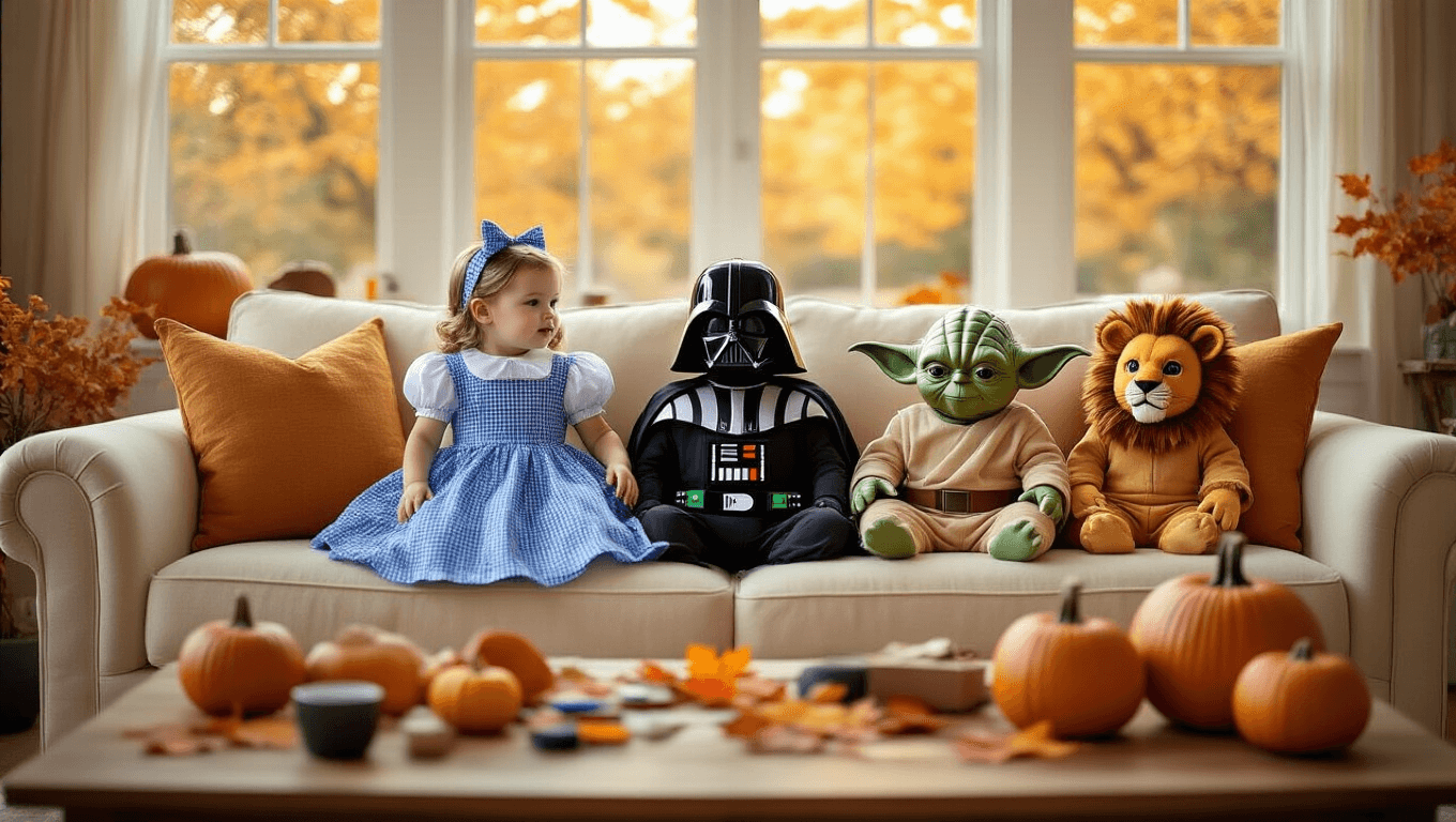 A cozy family living room bathed in golden autumn light, showcasing Halloween costume pieces on a cream sofa, including Dorothy's blue gingham dress, a Darth Vader mask, a baby lion costume, and a Yoda outfit, with craft supplies on a wooden coffee table and pumpkins and fall leaves adding seasonal decor.