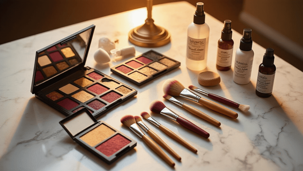 A warm, inviting makeup station with FNAF cosplay essentials, featuring theatrical makeup palettes in burgundy and gold, wooden-handled brushes, setting spray bottles, and special effects sponges on a clean marble surface, illuminated by golden hour lighting.
