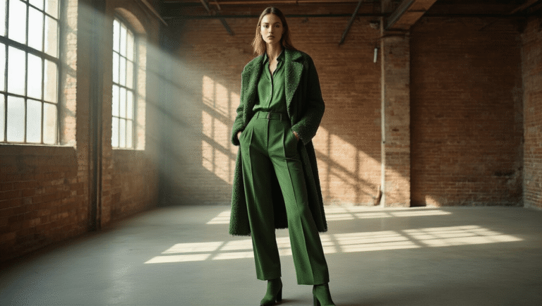 A model poses in a stylish monochromatic forest green outfit featuring a silk blouse, high-waisted wool pants, and a textured overcoat against a backdrop of exposed brick walls in an industrial loft, illuminated by natural morning light.