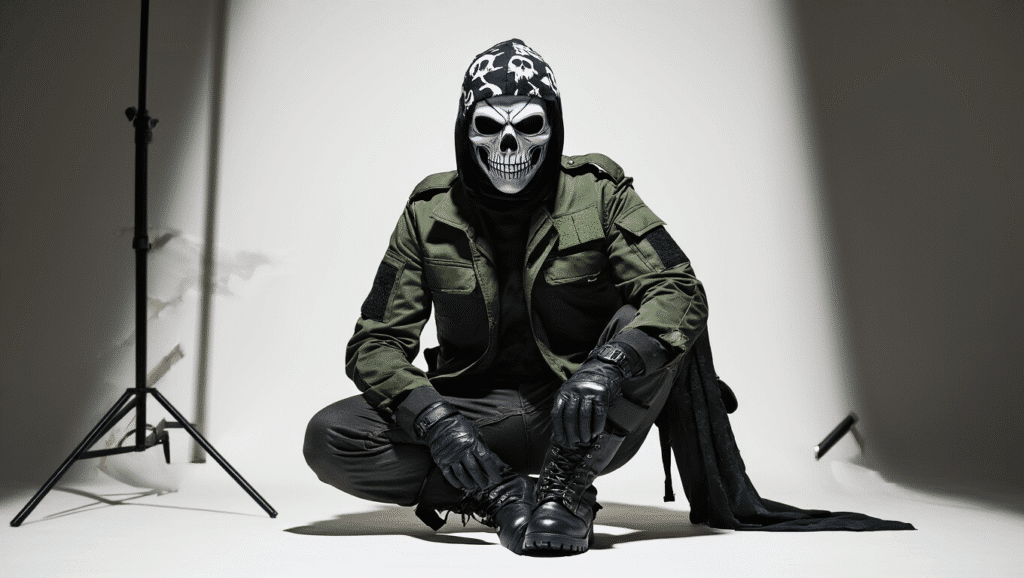 A ghost cosplay arrangement with a skull-patterned balaclava, military jacket, combat boots, and tactical gear on a white background, highlighted by dramatic side lighting that enhances the textures and craftsmanship.