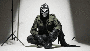 A ghost cosplay arrangement with a skull-patterned balaclava, military jacket, combat boots, and tactical gear on a white background, highlighted by dramatic side lighting that enhances the textures and craftsmanship.