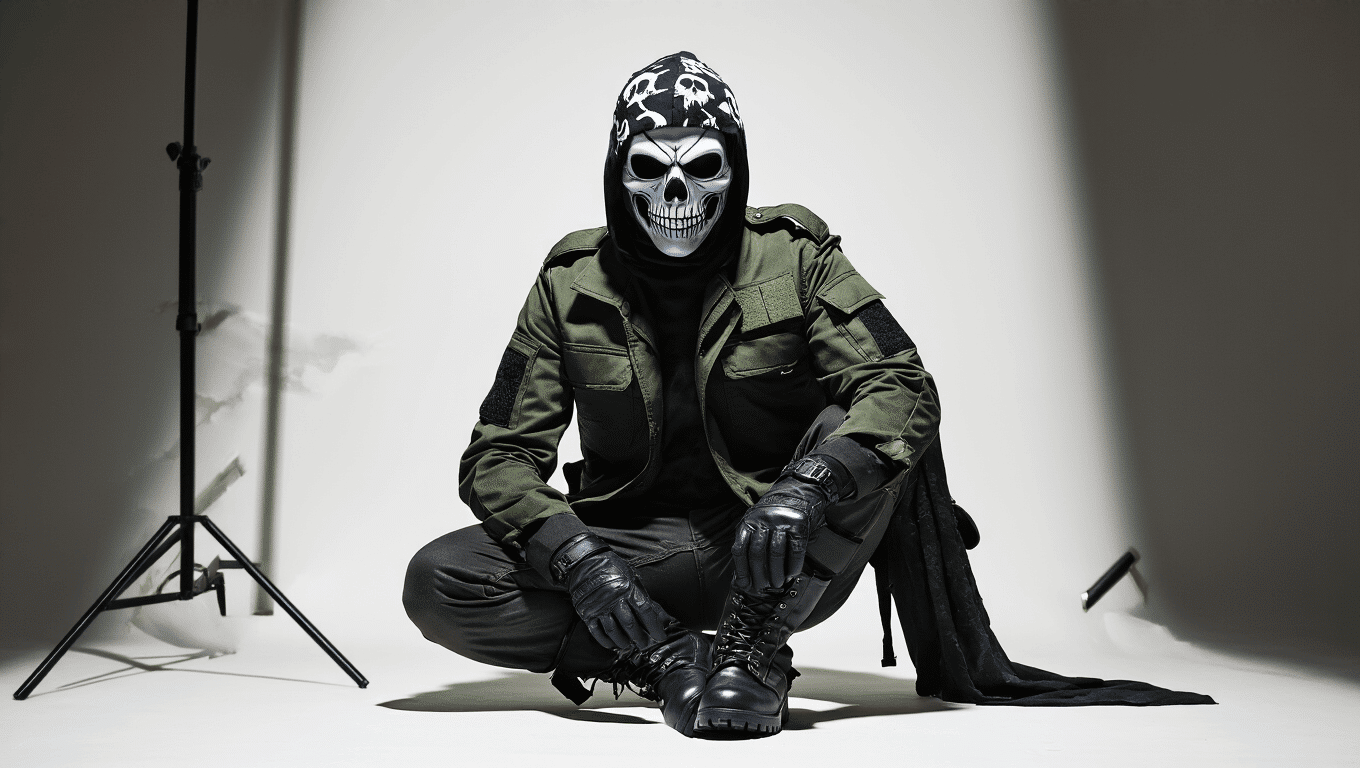 A ghost cosplay arrangement with a skull-patterned balaclava, military jacket, combat boots, and tactical gear on a white background, highlighted by dramatic side lighting that enhances the textures and craftsmanship.