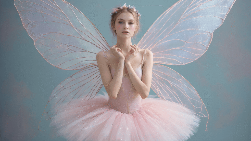 A whimsical Halloween costume featuring a ballerina in a pastel pink tutu and shimmering wings, captured in ethereal lighting within a studio setting.