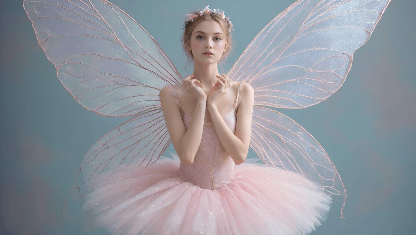 A whimsical Halloween costume featuring a ballerina in a pastel pink tutu and shimmering wings, captured in ethereal lighting within a studio setting.