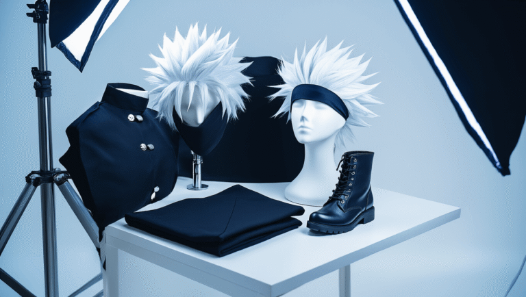 Gojo cosplay essentials including a white spiky wig on a mannequin, a black high-collar uniform, sleek black boots, and a blindfold, arranged on a clean white surface with dramatic studio lighting and subtle blue undertones.
