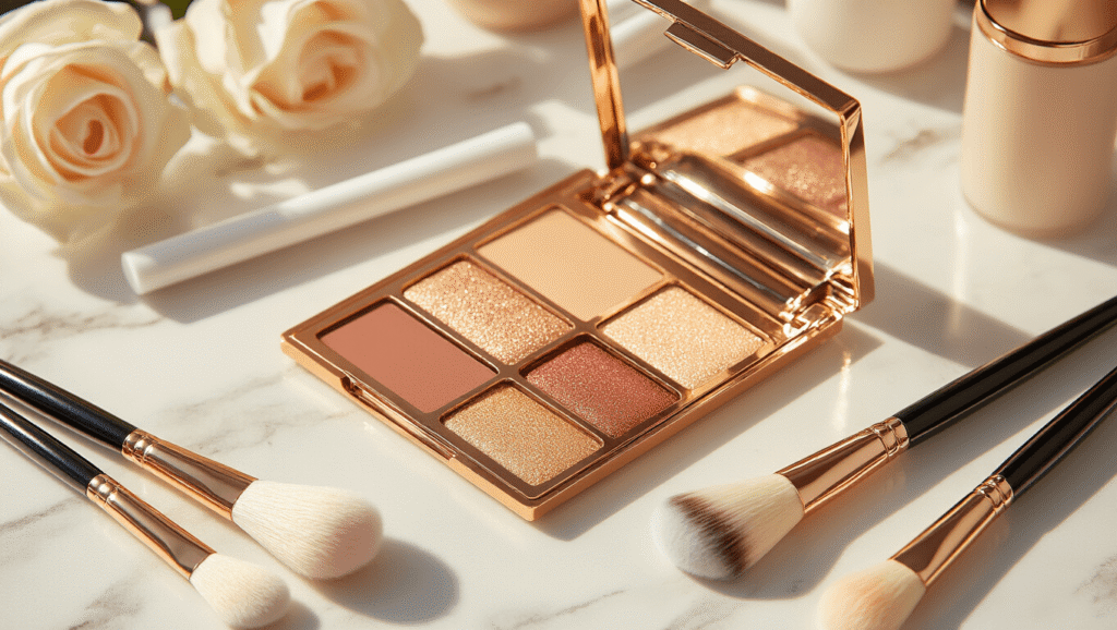 A makeup vanity displaying Gojo Satoru cosplay essentials, including white mascara, a warm bronze contour palette, soft-bristled brushes, porcelain foundation, and shimmery eyeshadow, set against a clean marble surface with golden hour lighting and rose gold accents.