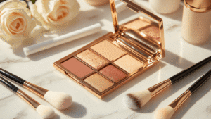 A makeup vanity displaying Gojo Satoru cosplay essentials, including white mascara, a warm bronze contour palette, soft-bristled brushes, porcelain foundation, and shimmery eyeshadow, set against a clean marble surface with golden hour lighting and rose gold accents.