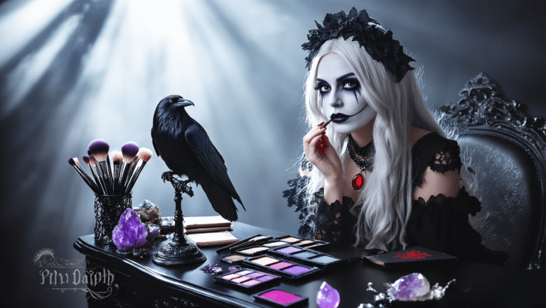 A model applying grey Mehron face paint at a sleek black vanity, surrounded by makeup brushes, purple eyeshadow palettes, and mystical props like crystals and spell books, with cool-toned ambient lighting and a moody, ethereal atmosphere.