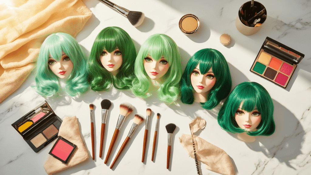 A flat-lay scene of vibrant green cosplay wigs in various shades arranged on a white marble surface, surrounded by stylish makeup brushes, colorful eyeshadow palettes, wig styling tools, and character props, illuminated by warm golden hour sunlight.