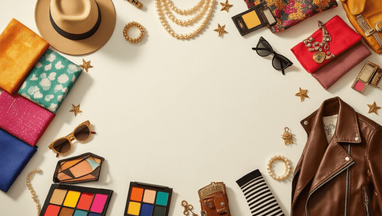 A vibrant flat lay of costume essentials featuring colorful fabric swatches, vintage accessories, makeup palettes, and props, all arranged on a clean white background with soft golden lighting.