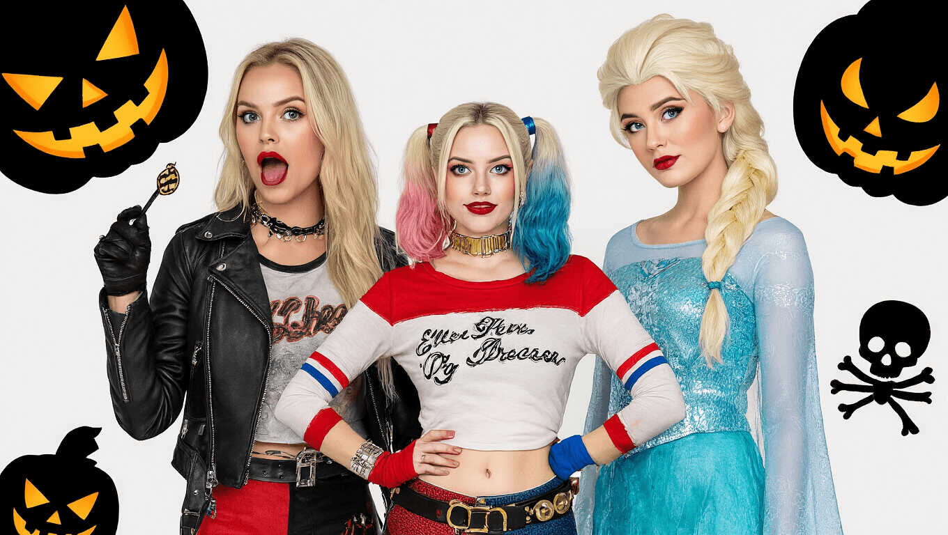 A blonde woman dressed as Harley Quinn, Elsa, and Elle Woods, showcasing colorful costumes and accessories against a clean background.