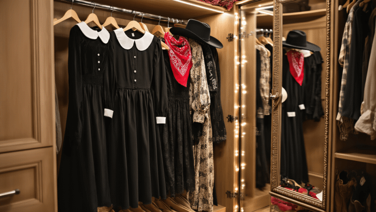 A well-organized walk-in closet showcasing Halloween costume elements including a black dress with a white collar, cat ears, a cowboy hat, and a red bandana, all illuminated by soft ambient lighting and complemented by warm wooden tones and a full-length mirror.