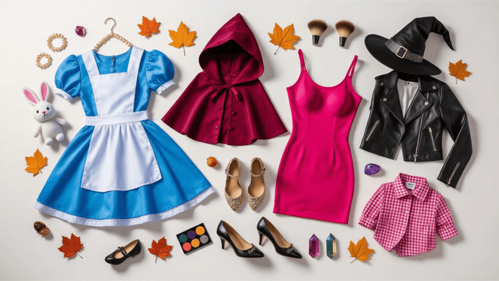 Flat lay of vibrant Halloween costume pieces including an Alice dress, hooded cape, bodycon dress, and witch hat, surrounded by accessories like pearl jewelry, shoes, and makeup brushes on a clean white background, illuminated by soft golden hour lighting.
