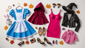 Flat lay of vibrant Halloween costume pieces including an Alice dress, hooded cape, bodycon dress, and witch hat, surrounded by accessories like pearl jewelry, shoes, and makeup brushes on a clean white background, illuminated by soft golden hour lighting.