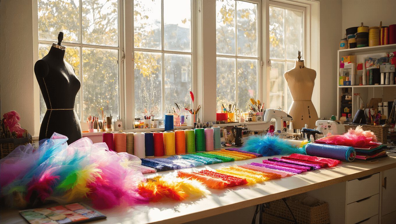 A sunlit craft room filled with organized sewing supplies, colorful fabric swatches, and crafting materials like iridescent tulle, vibrant feathers, and LED light strips. Vintage dress forms and spools of thread create an inspiring atmosphere for costume making.