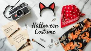 A bright overhead flatlay of Halloween costume accessories on a white marble surface, featuring a vintage Polaroid camera, safety pins, makeup brushes, a red bandana, cat ears, and a Hawaiian shirt, with natural light casting soft shadows and handmade notes on craft paper.