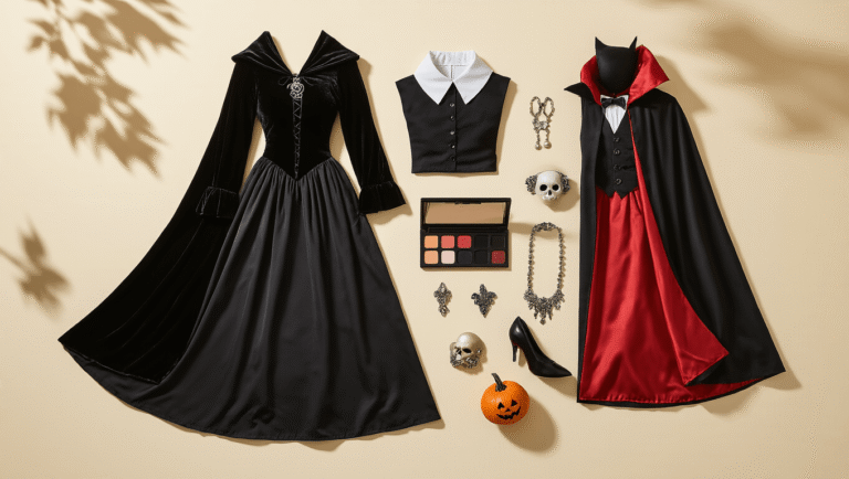 A flat lay of Halloween costume elements featuring a witch dress, vampire tuxedo, Wednesday Addams outfit, pale makeup palette, silver jewelry, and accessories on a cream background with warm lighting.