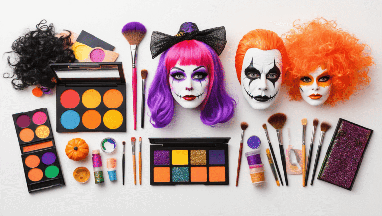 Flat lay of Halloween costume essentials featuring vibrant makeup palettes, colorful wigs, theatrical face paints, prop accessories, and crafting supplies on a clean white background, enhanced by soft natural lighting and gentle shadows.