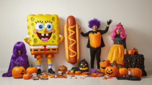 A warm Halloween costume display showcasing colorful outfits like SpongeBob and a hot dog costume, with inflatable props and Halloween accessories arranged on a clean white background, enhanced by soft golden and playful orange and purple lighting.