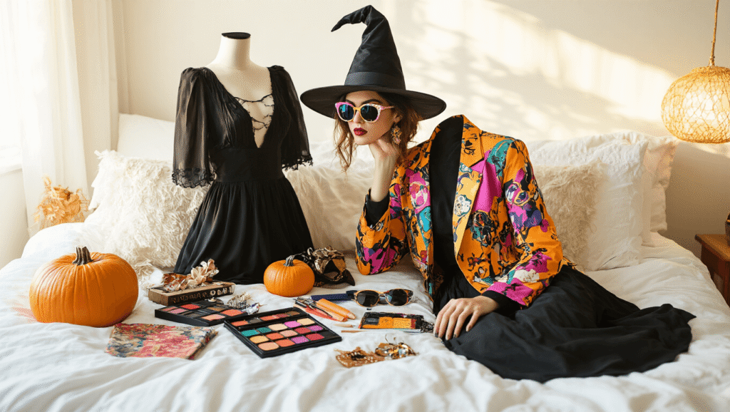 A college dorm room bathed in warm sunlight, showcasing a DIY Halloween costume setup on white bedding, including a black dress, witch hat, colorful 80s blazer, retro sunglasses, vintage accessories, makeup palettes, and crafting materials in a cozy, creative atmosphere.