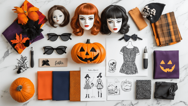 A stylish Halloween costume planning setup on a marble table, featuring colorful fabric swatches, character wigs, matching accessories, and costume sketches, illuminated by natural light.