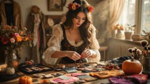 Brunette woman organizing Halloween costume accessories and vintage clothing on a wooden table, bathed in warm golden hour light.