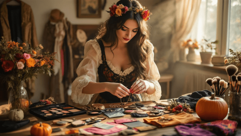 Brunette woman organizing Halloween costume accessories and vintage clothing on a wooden table, bathed in warm golden hour light.