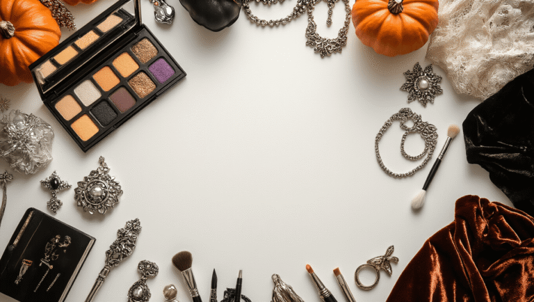 Warmly lit creative workspace showcasing Halloween costume elements such as gothic makeup palettes, silver jewelry, vintage clothing, and crafting supplies on a clean white surface, with golden lighting accentuating textures and inviting shadows.