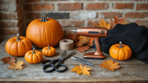A sun-lit flat lay of Halloween costume crafting supplies including a copper hot glue gun, black scissors, craft materials, and vintage clothing, styled with orange pumpkins and autumn leaves on a weathered wooden surface against an exposed brick wall.