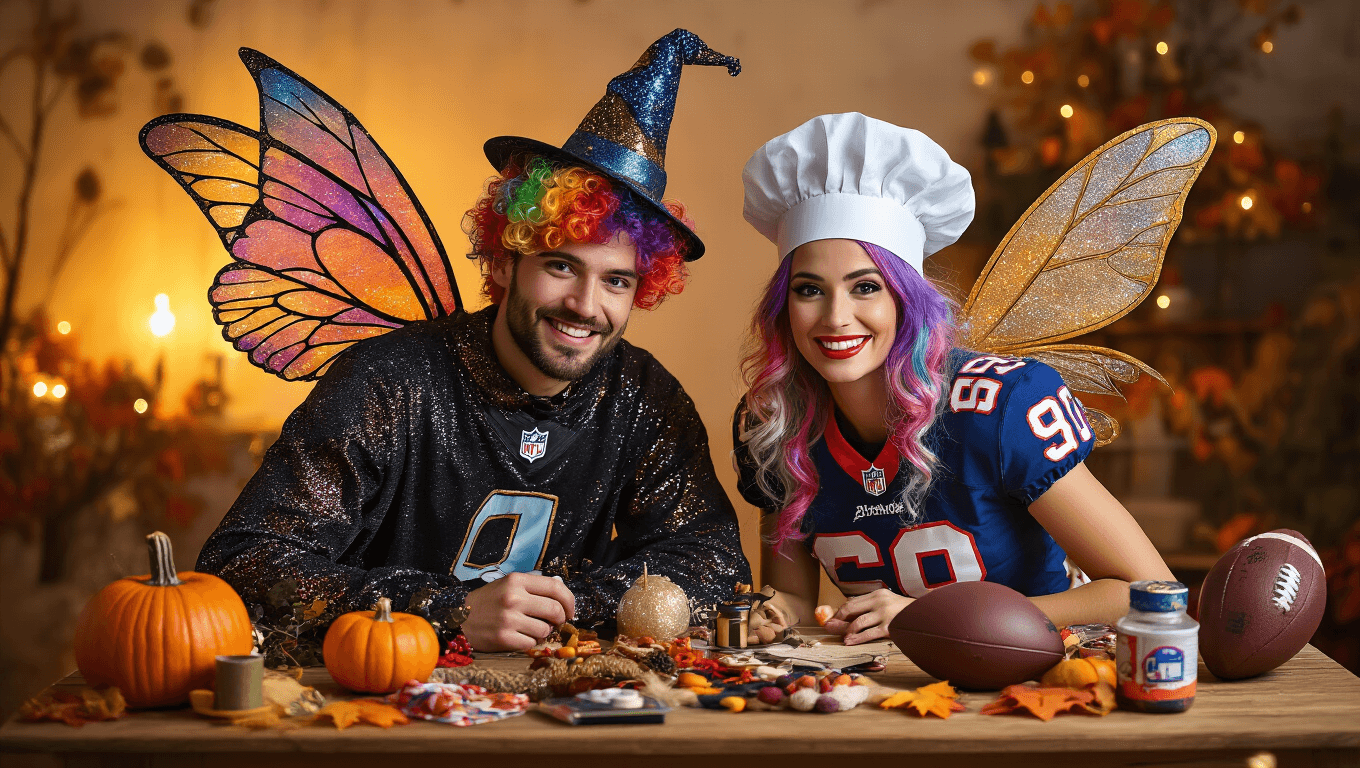 Couple's Halloween costume elements displayed on a wooden surface, featuring glittery fabrics, colorful wigs, whimsical props, and autumn decorations under soft golden lighting.