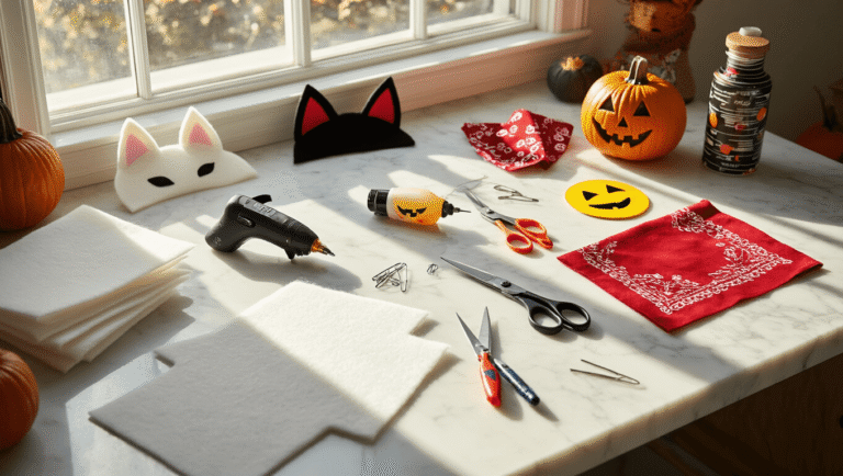 A bright, organized crafting workspace featuring Halloween DIY materials like white felt sheets, a hot glue gun, scissors, and fabric markers, with natural light illuminating costume pieces including black cat ears and a hand-painted emoji face on a marble countertop.