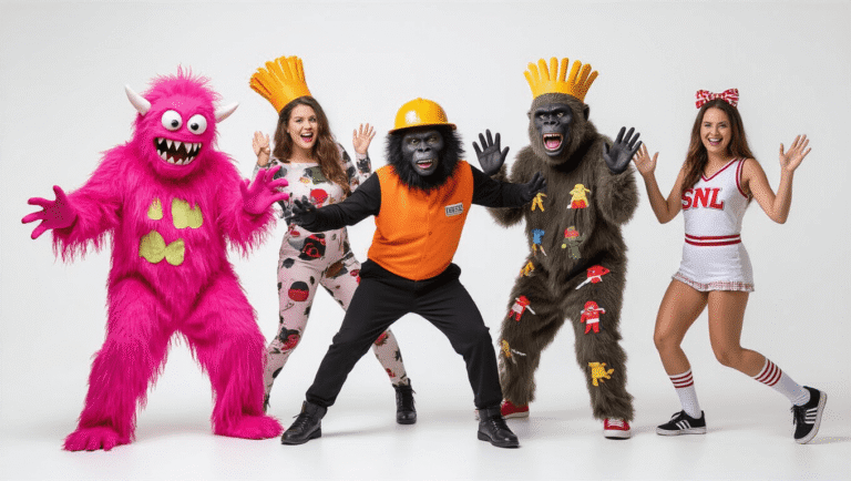 A vibrant studio photo of five people in playful Halloween costumes: a Pink Labubu monster, Guy Fieri, a gorilla surrounded by army men, a Rice Krispies character, and an SNL cheerleader, all against a clean white backdrop with high-key lighting.