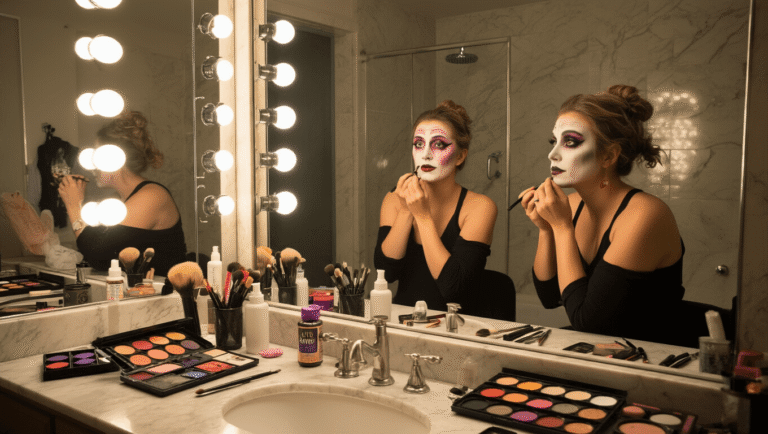 A modern bathroom with a marble countertop featuring organized Halloween makeup supplies as two people apply theatrical makeup in front of a large mirror, illuminated by warm lighting.