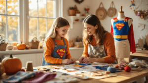 A mother and daughter work together in a sunlit craft room, surrounded by colorful fabrics and sewing supplies, with a half-finished superhero costume on a dress form in the corner.