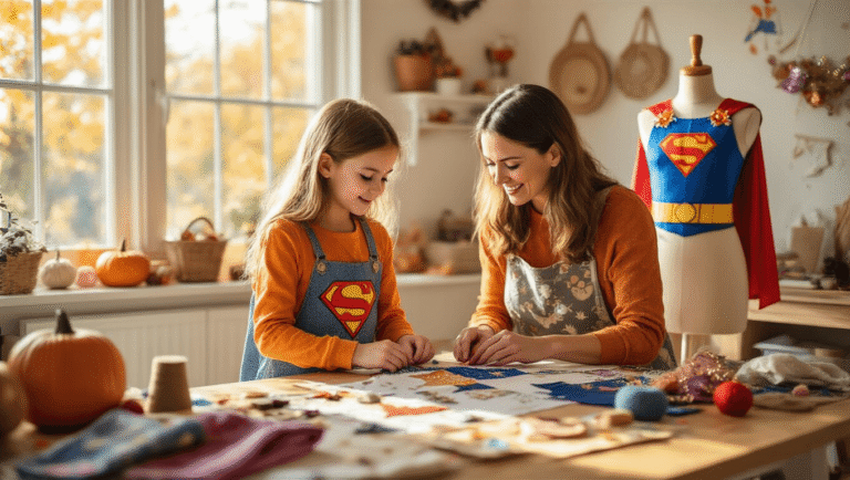 A mother and daughter work together in a sunlit craft room, surrounded by colorful fabrics and sewing supplies, with a half-finished superhero costume on a dress form in the corner.