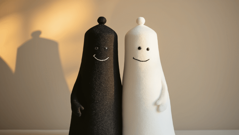 Two individuals dressed as salt and pepper shakers, one in black and the other in white, striking confident poses against a neutral background, bathed in warm golden hour light with soft shadows, showcasing vintage costume textures and DIY styling details, evoking a cozy autumn Halloween atmosphere.