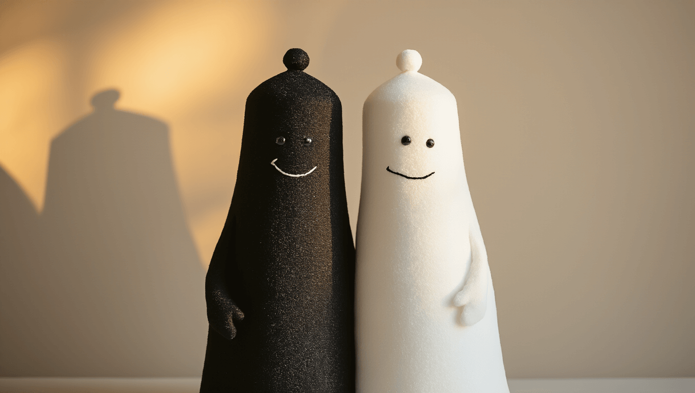 Two individuals dressed as salt and pepper shakers, one in black and the other in white, striking confident poses against a neutral background, bathed in warm golden hour light with soft shadows, showcasing vintage costume textures and DIY styling details, evoking a cozy autumn Halloween atmosphere.