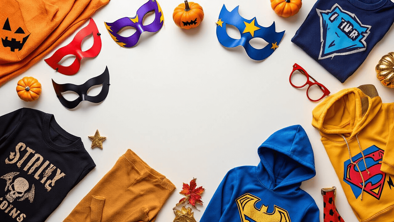 A flat lay of vibrant Halloween costume essentials, including superhero masks, graphic t-shirts, character hoodies, and playful accessories on a clean white background, illuminated by soft golden lighting, showcasing rich textures and creative props for Halloween 2025.