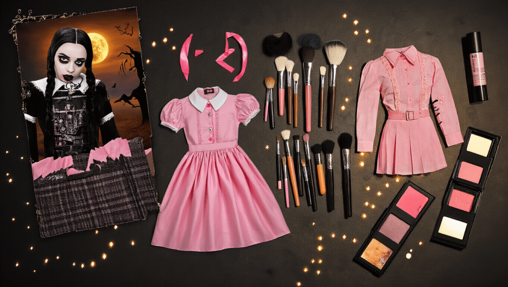 A top-down view of a stylized collage featuring Halloween teen costumes inspired by Wednesday Addams and Barbie, alongside vintage thrift store finds and makeup supplies, all illuminated by warm ambient lighting and mystical shadows on a dark surface.