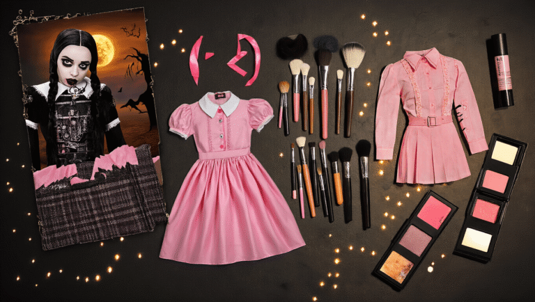 A top-down view of a stylized collage featuring Halloween teen costumes inspired by Wednesday Addams and Barbie, alongside vintage thrift store finds and makeup supplies, all illuminated by warm ambient lighting and mystical shadows on a dark surface.