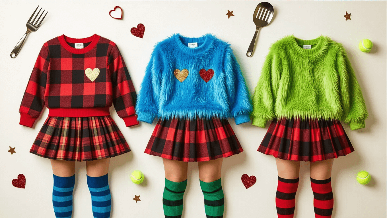 Three Halloween costumes including plaid mini skirts, bright fuzzy monster onesies, and metallic kitchen utensil accessories, arranged on a clean white background with cozy golden lighting and playful decorative elements.