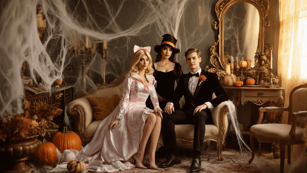 A dreamy vintage-inspired Halloween photoshoot featuring couples in costumes like Barbie and Ken and Wednesday and Enid, captured in soft golden hour lighting with muted autumn colors, surrounded by antique furniture and ornate mirrors, enhanced by film grain texture.