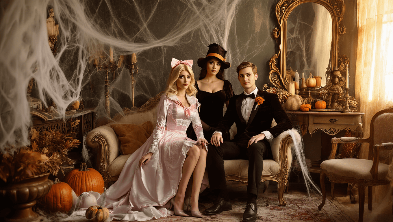 A dreamy vintage-inspired Halloween photoshoot featuring couples in costumes like Barbie and Ken and Wednesday and Enid, captured in soft golden hour lighting with muted autumn colors, surrounded by antique furniture and ornate mirrors, enhanced by film grain texture.