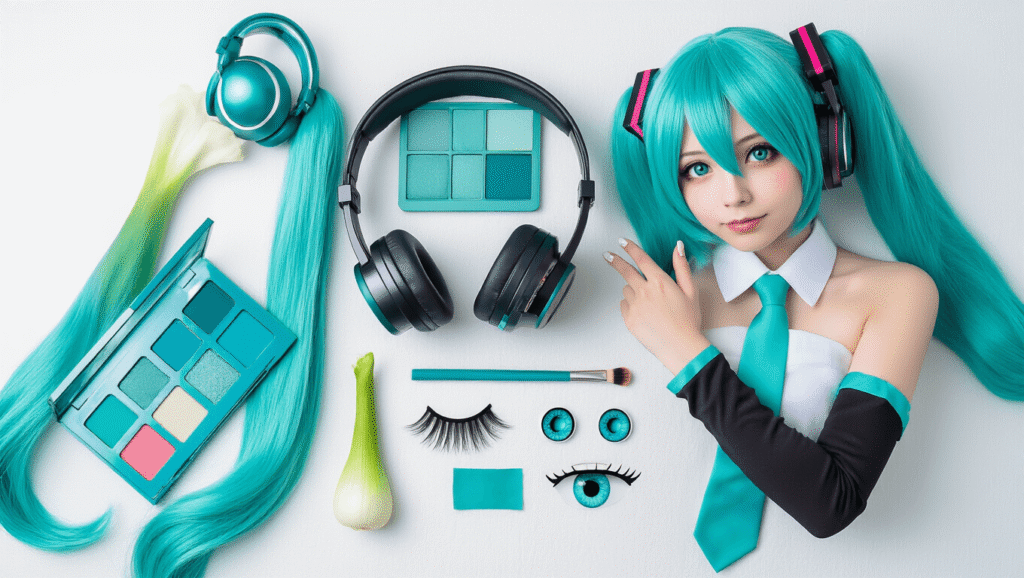 Flatlay of Hatsune Miku cosplay essentials including a turquoise wig, teal eyeshadow palette, false eyelashes, blue contacts, headphones, arm warmers, and a mini leek on a white textured surface, illuminated by soft natural light.