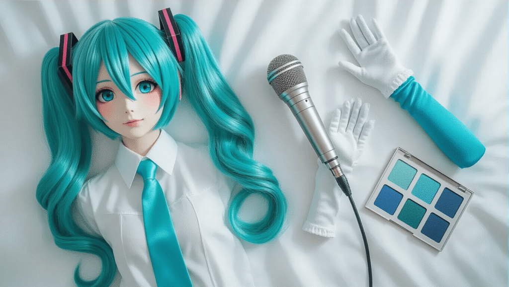 Flat lay of Hatsune Miku cosplay elements featuring a flowing teal twin-tail wig, metallic microphone, white fingerless gloves, gradient blue arm warmers, and a shimmering makeup palette, all on a soft white background with gentle natural lighting.