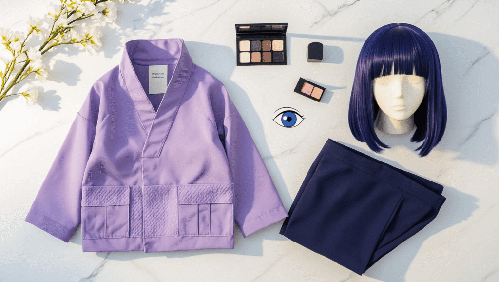 Flat lay of Hinata Hyuga cosplay essentials including a lavender ninja jacket, navy cropped pants, indigo wig, white Byakugan contact lenses, minimal makeup products, and white flowers, all arranged on white marble in warm golden hour lighting.